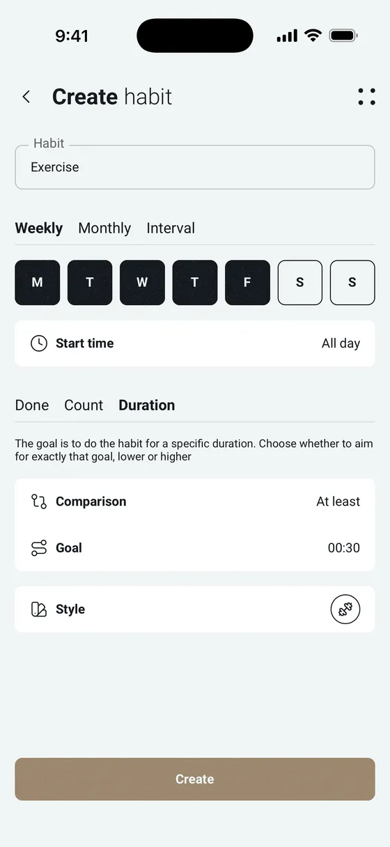 eumento create habit screen with a weekly schedule and a duration goal